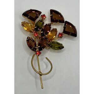 Vintage Pronged Rhinestone Glass Flower Brooch Pin Brown Yellow Gold Tone 3”